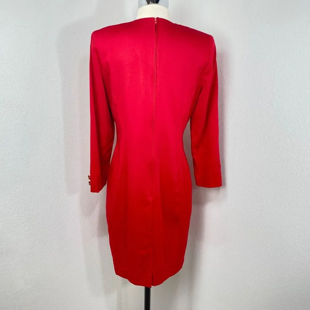 Vtg 80 Danny & Nicole Red Shift Dress 6 petite Gold Buttons Long Sleeves Modest
